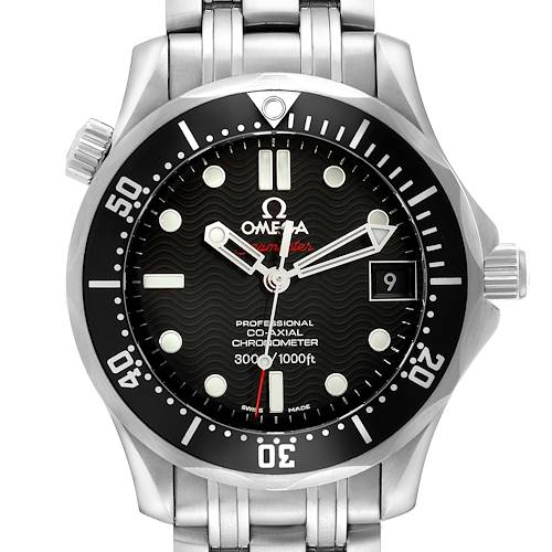 The image shows a front view of an Omega Seamaster 212.30.36.20.01.001 Men's Stainless Steel Black Dial 212.30.36.20.01.001 Men's Stainless Steel Black Dial watch, displaying its dial, bezel, hands, crown, and stainless steel bracelet.