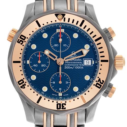 The Omega Seamaster 2296.80.00 Men's Titanium Blue Dial 2296.80.00 Men's Titanium Blue Dial watch is shown from the front, highlighting the dial, bezel, subdials, and crown.