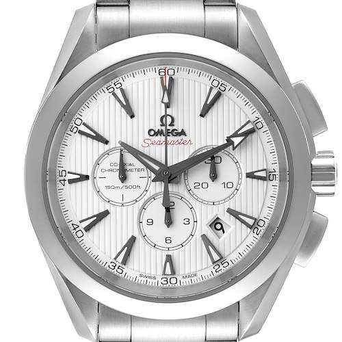 The image shows a front view of the Omega Aqua Terra 231.10.44.50.04.001 Men's Stainless Steel White Dial 231.10.44.50.04.001 Men's Stainless Steel White Dial Seamaster watch, highlighting the dial, bezel, and part of the bracelet.