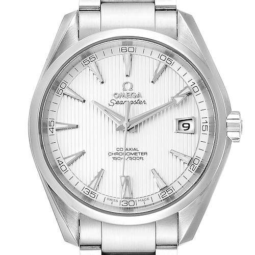 The image shows a frontal view of the Omega Aqua Terra 231.10.42.21.02.001 Men's Stainless Steel Silver Dial 231.10.42.21.02.001 Men's Stainless Steel Silver Dial watch, displaying the dial and part of the metal bracelet.
