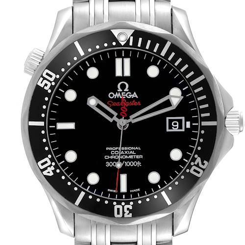 The Omega Seamaster 212.30.41.20.01.001 Men's Stainless Steel Black Dial 212.30.41.20.01.001 Men's Stainless Steel Black Dial watch is shown from the front, displaying the dial, bezel, case, and part of the metal bracelet.