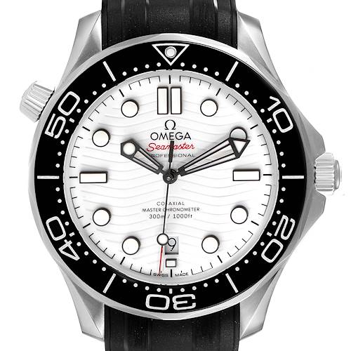 The image shows a front view of the Omega Seamaster 210.32.42.20.04.001 Men's Stainless Steel White Dial 210.32.42.20.04.001 Men's Stainless Steel White Dial wristwatch with a white dial and black bezel.