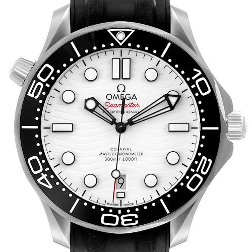 The image shows a frontal view of an Omega Seamaster 210.32.42.20.04.001 Men's Stainless Steel White Dial 210.32.42.20.04.001 Men's Stainless Steel White Dial watch with a white dial, black bezel, and black strap.