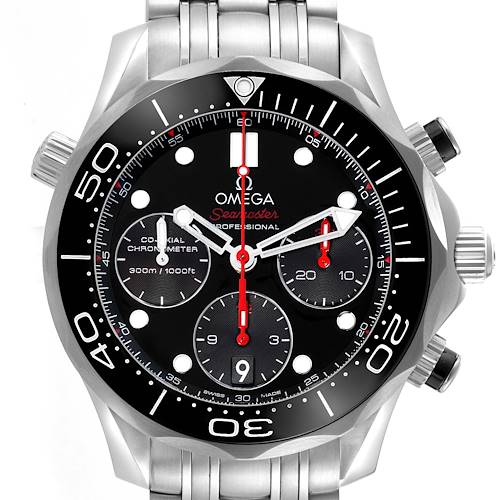 The Omega Seamaster 212.30.42.50.01.001 Men's Stainless Steel Black Dial 212.30.42.50.01.001 Men's Stainless Steel Black Dial watch is shown from the front, displaying its black dial, chronograph subdials, and stainless steel bracelet.