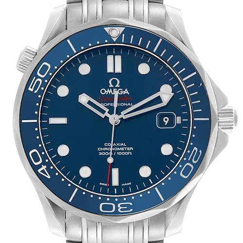 The Omega Seamaster 212.30.41.20.03.001 Men's Stainless Steel Blue Dial 212.30.41.20.03.001 Men's Stainless Steel Blue Dial watch is shown from a front angle, displaying the blue dial, bezel, case, and part of the bracelet.