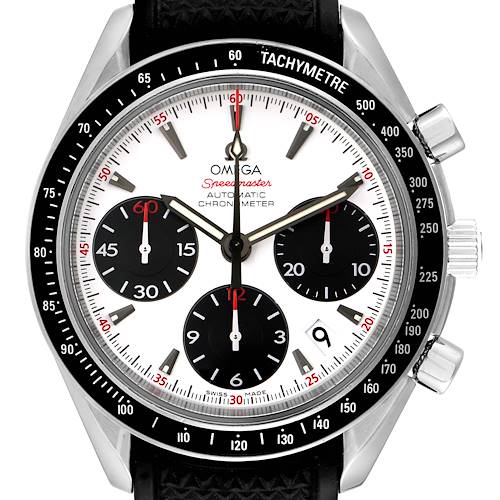 This image shows the face and bezel of an Omega Speedmaster 323.30.40.40.04.001 Men's Stainless Steel White Dial 323.30.40.40.04.001 Men's Stainless Steel White Dial with a tachymetre scale, chronograph subdials, and push-pull crown.