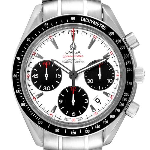 The Omega Speedmaster 323.30.40.40.04.001 Men's Stainless Steel White Dial 323.30.40.40.04.001 Men's Stainless Steel White Dial watch is shown from a top-down angle, highlighting the dial, tachymeter bezel, and chronograph subdials.