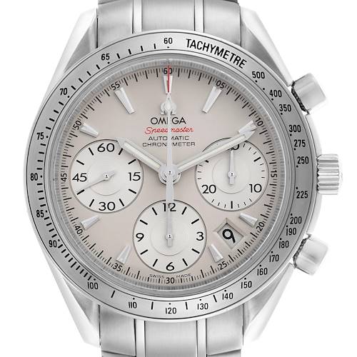 The Omega Speedmaster 323.10.40.40.02.001 Men's Stainless Steel Silver Dial 323.10.40.40.02.001 Men's Stainless Steel Silver Dial is shown from the front, displaying the dial, subdials, tachymeter bezel, and crown.