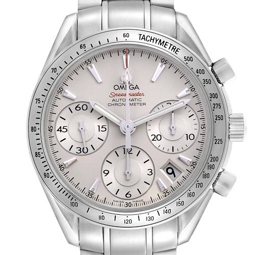 The Omega Speedmaster 323.10.40.40.02.001 Men's Stainless Steel Silver Dial 323.10.40.40.02.001 Men's Stainless Steel Silver Dial watch is shown from a front angle, displaying the dial, subdials, bezel, tachymeter, and part of the bracelet.