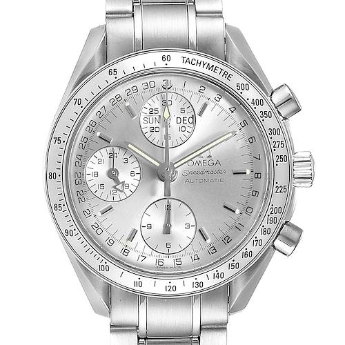 The Omega Speedmaster 3523.30.00 Men's Stainless Steel Silver Dial 3523.30.00 Men's Stainless Steel Silver Dial watch is shown from the front, displaying its face, bracelet, and side buttons.