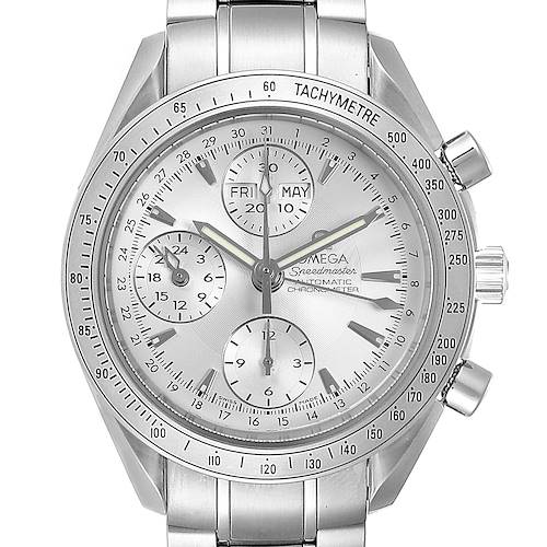 The image shows a frontal view of the Omega Speedmaster 3221.30.00 Men's Stainless Steel Silver Dial 3221.30.00 Men's Stainless Steel Silver Dial watch, displaying its dial and chronograph features.