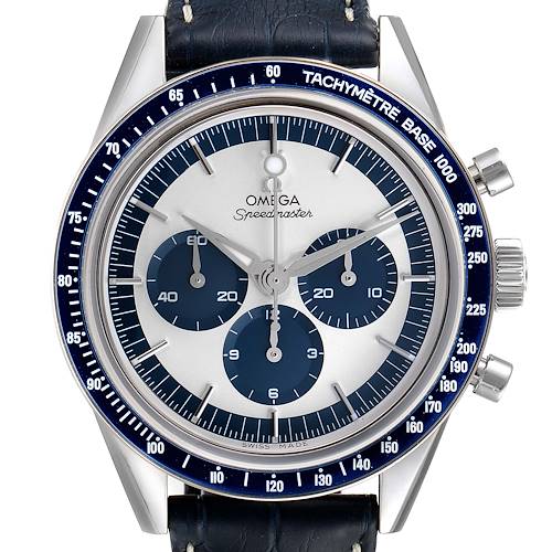 This image shows a front view of the Omega Speedmaster 311.33.40.30.02.001 Men's Stainless Steel Silver Dial 311.33.40.30.02.001 Men's Stainless Steel Silver Dial watch, featuring its dial, bezel with tachymeter, and pushers.