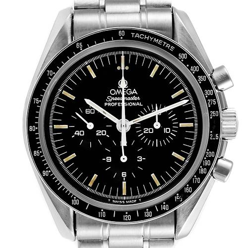 The image shows a front view of an Omega Speedmaster 145.022 Men's Stainless Steel Black Dial 145.022 Men's Stainless Steel Black Dial watch, highlighting the dial, bezel, and chronograph features.