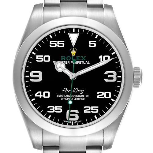 The Rolex Air-King 116900 Men's Stainless Steel Black Dial 116900 Men's Stainless Steel Black Dial watch is shown from a front angle, highlighting the dial, bezel, case, and part of the bracelet.