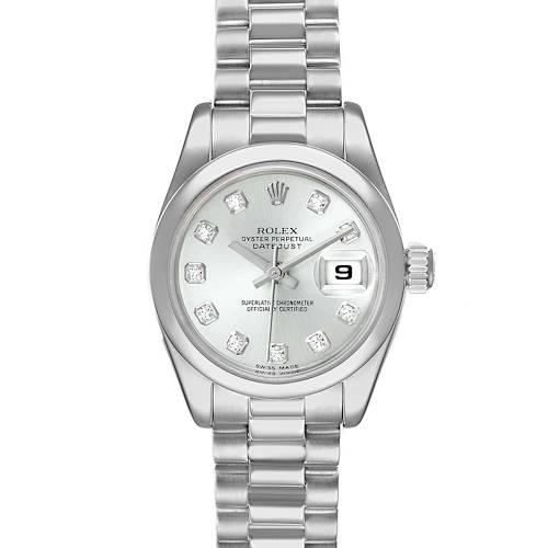The image shows a Rolex President 179166 Women's Platinum Silver Dial 179166 Women's Platinum Silver Dial model watch from a front angle, highlighting its silver dial, diamond hour markers, and date display.