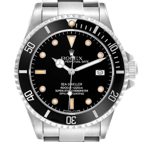 The Rolex Sea-Dweller 16660 Men's Stainless Steel Black Dial 16660 Men's Stainless Steel Black Dial watch is shown from a front angle, displaying its dial, bezel, and part of the bracelet.
