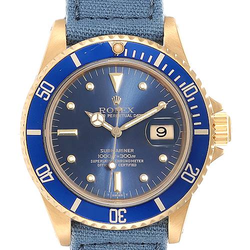 This image shows a frontal view of a Rolex Submariner 16808 Men's Yellow Gold Blue Dial 16808 Men's Yellow Gold Blue Dial watch, highlighting its blue dial, bezel, and gold case.