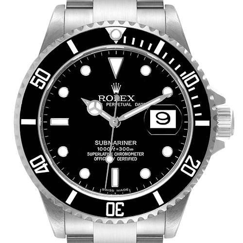 This image shows a front view of the Rolex Submariner 16610 Men's Stainless Steel Black Dial 16610 Men's Stainless Steel Black Dial watch, highlighting the dial, bezel, bracelet, and date window.