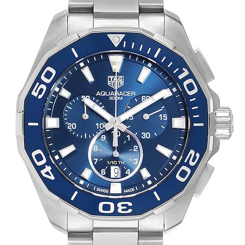 The image shows a front view of the Tag Heuer Aquaracer CAY111B.BA0927 Men's Stainless Steel Blue Dial CAY111B.BA0927 Men's Stainless Steel Blue Dial watch, highlighting its blue dial, bezel, and stainless steel bracelet.