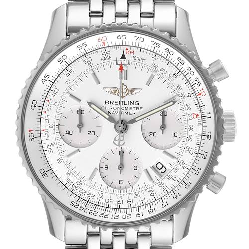 This image shows a front view of a Breitling Navitimer A23322 Men's Stainless Steel Silver Dial A23322 Men's Stainless Steel Silver Dial watch, highlighting its chronograph features and stainless steel bracelet.