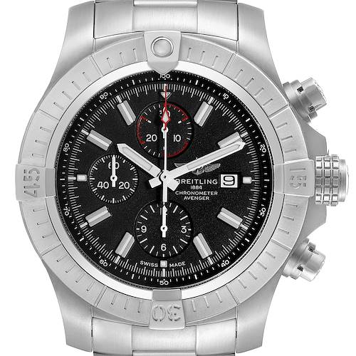 The Breitling Avenger A13375 Men's Stainless Steel Black Dial A13375 Men's Stainless Steel Black Dial watch is shown from a front angle, displaying the dial, bezel, buttons, and part of the bracelet.