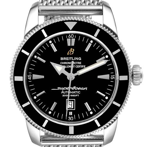 The image shows a front view of the Breitling Superocean A17320 Men's Stainless Steel Black Dial A17320 Men's Stainless Steel Black Dial watch, highlighting its dial, bezel, and a portion of the metal wristband.