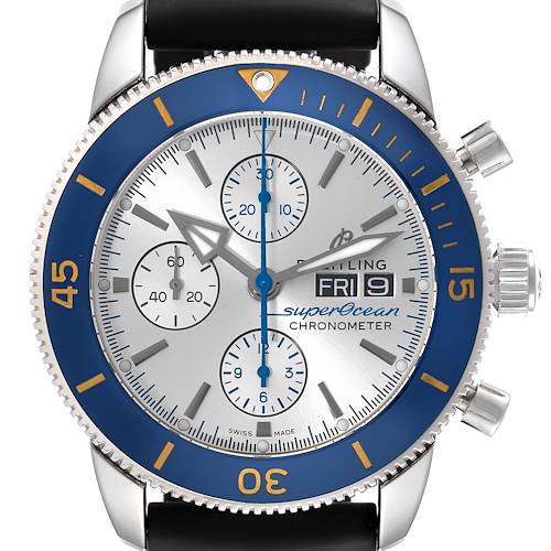 This image shows a close-up front view of the Breitling Superocean A13313 Men's Stainless Steel Silver Dial A13313 Men's Stainless Steel Silver Dial chronometer watch, highlighting its dial and bezel.