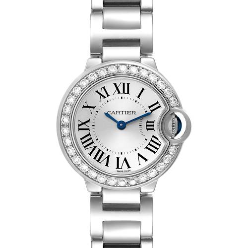 This image shows a close-up view of the face and bracelet of a Cartier Ballon Bleu WE9003Z3 Women's White Gold Silver Dial WE9003Z3 Women's White Gold Silver Dial watch, highlighting the dial, Roman numerals, and diamond bezel.