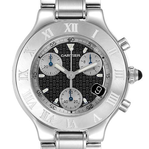 This image shows a front view of the Cartier Must 21 Chronoscaph W10172T2 Men's Stainless Steel Black Dial W10172T2 Men's Stainless Steel Black Dial watch, highlighting its dial, bezel, and bracelet.