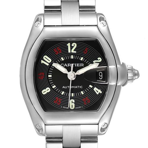 The Cartier Roadster W62002V3 Men's Stainless Steel Black Dial W62002V3 Men's Stainless Steel Black Dial watch is shown from the front, displaying its dial, hands, date window, case, and part of the bracelet.