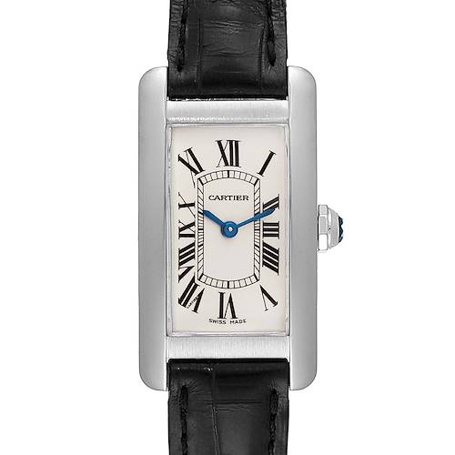The image shows a front view of the Cartier Tank Americaine W2601956 Women's White Gold Silver Dial W2601956 Women's White Gold Silver Dial watch, displaying the dial, case, and part of the leather strap.