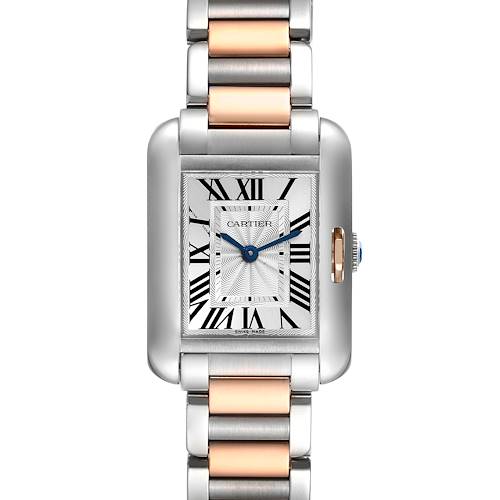 The image shows a front view of the Cartier Tank Anglaise W5310036 Women's Steel and Gold (two tone) Silver Dial W5310036 Women's Steel and Gold (two tone) Silver Dial watch, highlighting its rectangular face and metal bracelet.