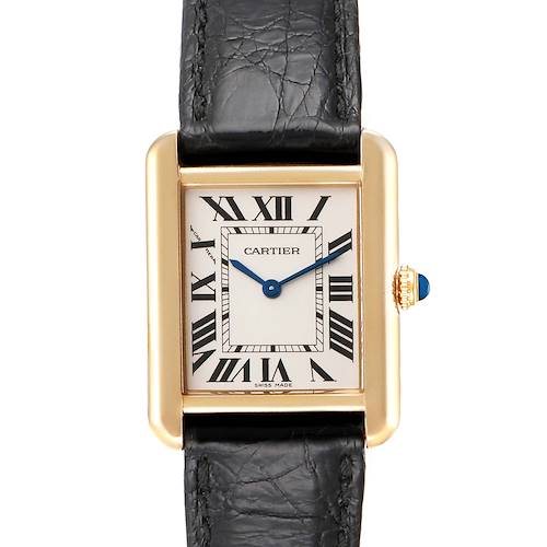 This image shows a front view of a Tank Solo model Cartier watch with a leather strap and a blue gemstone on the crown.