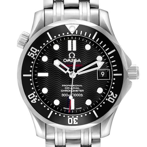 The image shows a front view of the Omega Seamaster 212.30.36.20.01.001 Men's Stainless Steel Black Dial 212.30.36.20.01.001 Men's Stainless Steel Black Dial, highlighting its black dial, bezel, and metal bracelet.