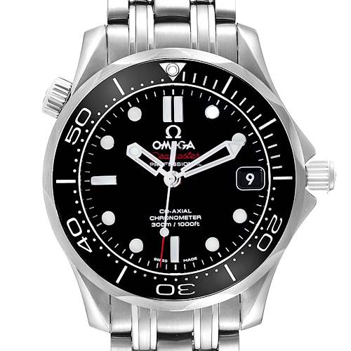 The Omega Seamaster 212.30.36.20.01.002 Men's Stainless Steel Black Dial 212.30.36.20.01.002 Men's Stainless Steel Black Dial is shown from the front, displaying the dial, bezel, crown, and bracelet.