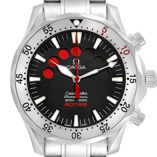 The image shows a frontal view of the Omega Seamaster 2595.50.00 Men's Stainless Steel Black Dial 2595.50.00 Men's Stainless Steel Black Dial watch, highlighting its dial, bezel, and buttons.