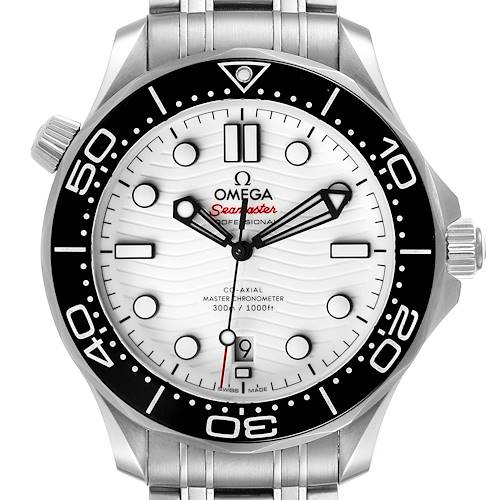 This image shows the front face and part of the bracelet of the Omega Seamaster 210.30.42.20.04.001 Men's Stainless Steel White Dial 210.30.42.20.04.001 Men's Stainless Steel White Dial model watch.