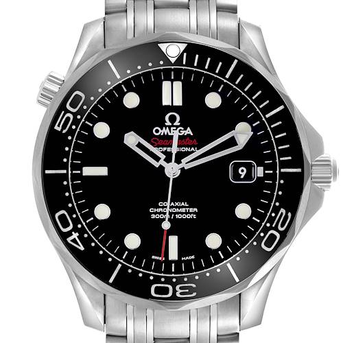 The Omega Seamaster 212.30.41.20.01.003 Men's Stainless Steel Black Dial 212.30.41.20.01.003 Men's Stainless Steel Black Dial watch is shown from the front, displaying its dial, bezel, bracelet, and crown.