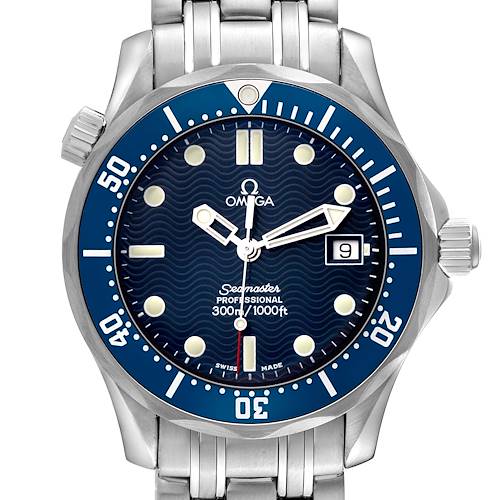 The Omega Seamaster 2561.80.00 Men's Stainless Steel Blue Dial 2561.80.00 Men's Stainless Steel Blue Dial watch is shown from the front, highlighting the bezel, dial, hands, and date window.
