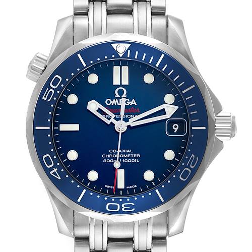The Omega Seamaster 212.30.36.20.03.001 Men's Stainless Steel Blue Dial 212.30.36.20.03.001 Men's Stainless Steel Blue Dial watch is shown from a front angle, featuring its blue bezel, dial, hands, and stainless steel bracelet.