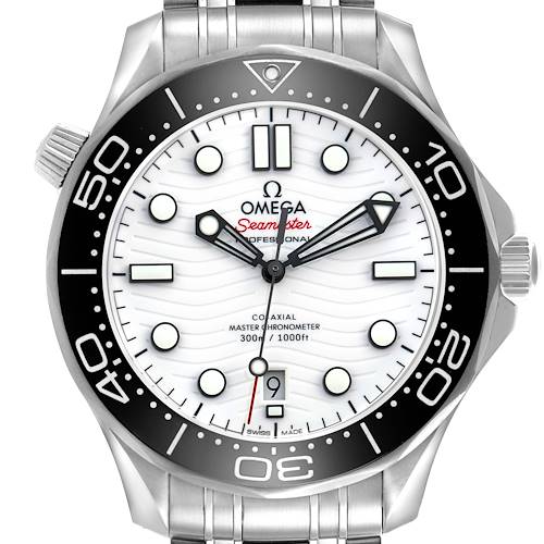 The Omega Seamaster 210.30.42.20.04.001 Men's Stainless Steel White Dial 210.30.42.20.04.001 Men's Stainless Steel White Dial watch is shown from a front angle, displaying its dial, bezel, and bracelet.