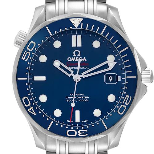 The Omega Seamaster 212.30.41.20.03.001 Men's Stainless Steel Blue Dial 212.30.41.20.03.001 Men's Stainless Steel Blue Dial watch is shown from the front, displaying the dial, bezel, and part of the bracelet.
