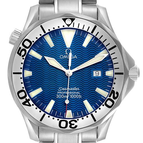 The Omega Seamaster 2265.80.00 Men's Stainless Steel Blue Dial 2265.80.00 Men's Stainless Steel Blue Dial watch is shown from the front, displaying its blue dial, wave pattern, bezel, and date window.