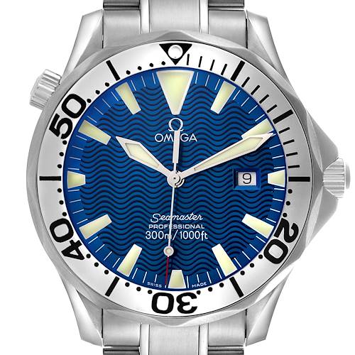 The Omega Seamaster 2265.80.00 Men's Stainless Steel Blue Dial 2265.80.00 Men's Stainless Steel Blue Dial watch is shown from a front angle, highlighting the blue dial, bezel, hands, and date window.