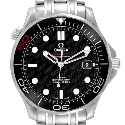 The Omega Seamaster 212.30.41.20.01.005 Men's Stainless Steel Black Dial 212.30.41.20.01.005 Men's Stainless Steel Black Dial watch is shown from a front angle, highlighting the dial, bezel, and bracelet.