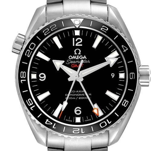 The Omega Planet Ocean 232.30.44.22.01.001 Men's Stainless Steel Black Dial 232.30.44.22.01.001 Men's Stainless Steel Black Dial watch is shown from the front, displaying the face, bezel, crown, and part of the bracelet.