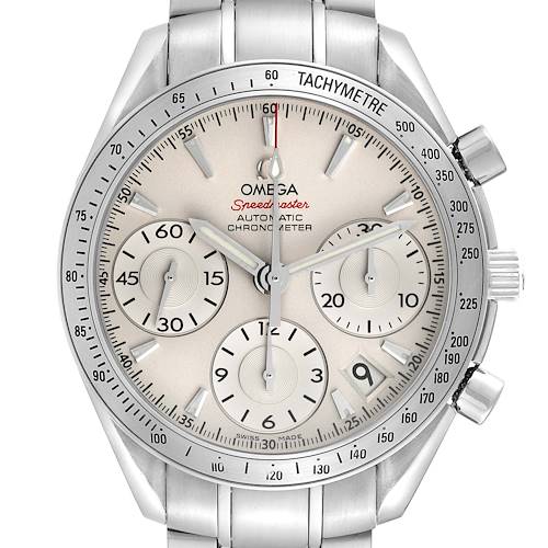 The Omega Speedmaster 323.10.40.40.02.001 Men's Stainless Steel Silver Dial 323.10.40.40.02.001 Men's Stainless Steel Silver Dial watch is shown from the front, highlighting the dial, subdials, bezel, crown, and part of the bracelet.