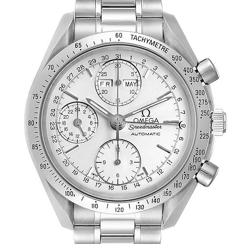 The Omega Speedmaster 3521.30.00 Men's Stainless Steel Silver Dial 3521.30.00 Men's Stainless Steel Silver Dial watch is shown from a straight-on angle, highlighting the dial, bezel, and stainless steel bracelet.
