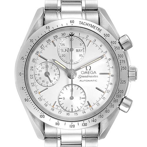 The image shows a front view of the Omega Speedmaster 3521.30.00 Men's Stainless Steel Silver Dial 3521.30.00 Men's Stainless Steel Silver Dial watch, highlighting its chronograph dials, tachymeter bezel, and stainless steel bracelet.