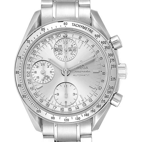 The image shows a front view of the Omega Speedmaster 3523.30.00 Men's Stainless Steel Silver Dial 3523.30.00 Men's Stainless Steel Silver Dial watch, highlighting its dial, subdials, and steel bracelet.
